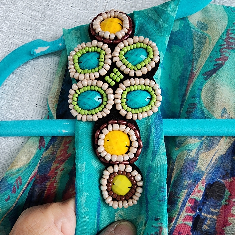 EUC  100% SILK TURQUOISE MAXI DRESS WITH JEWEL EMBELLISHMENTS - SIZE SMALL - Picture 5 of 10